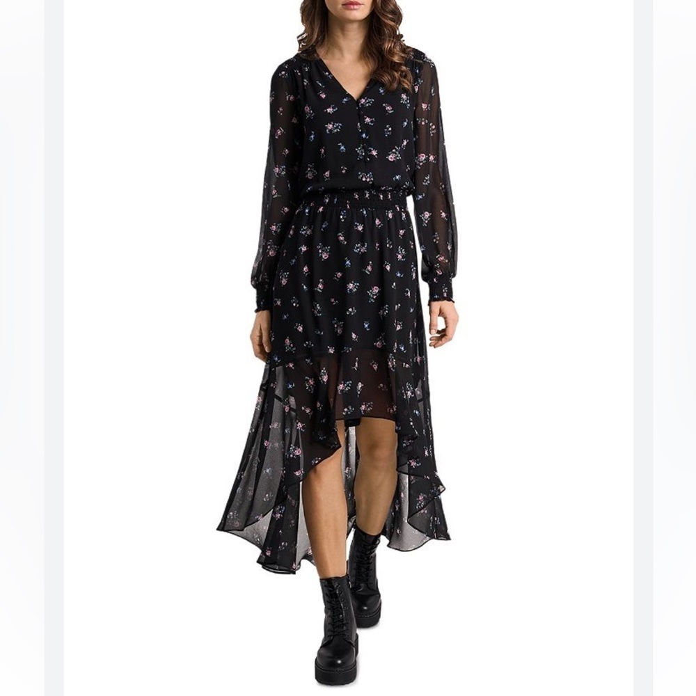 1. STATE Woodland maxi dress size S black pink floral longsleeve v-neck